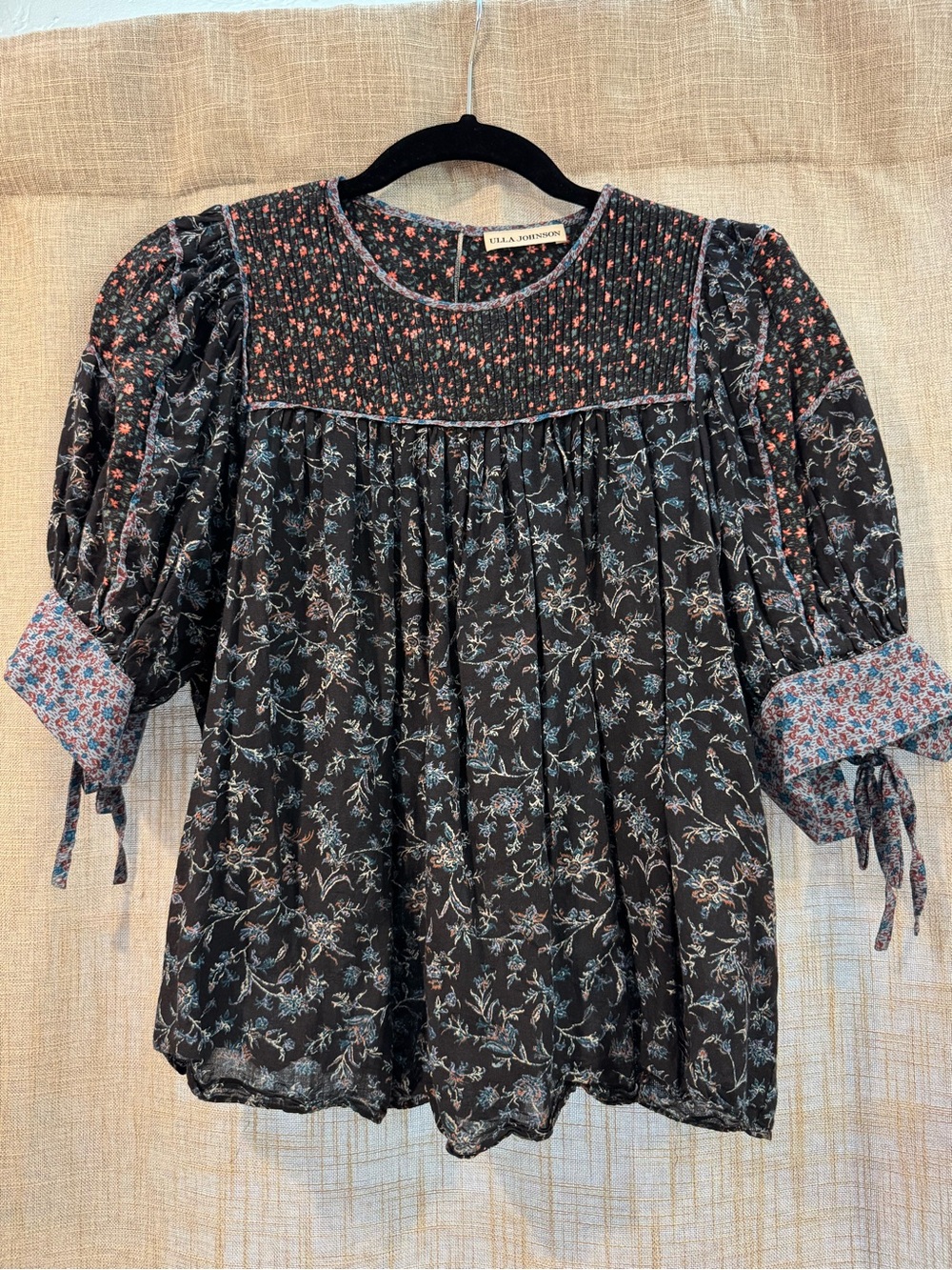 Ulla Johnson Black Floral Smocked Yoke Puff Sleeve Blouse